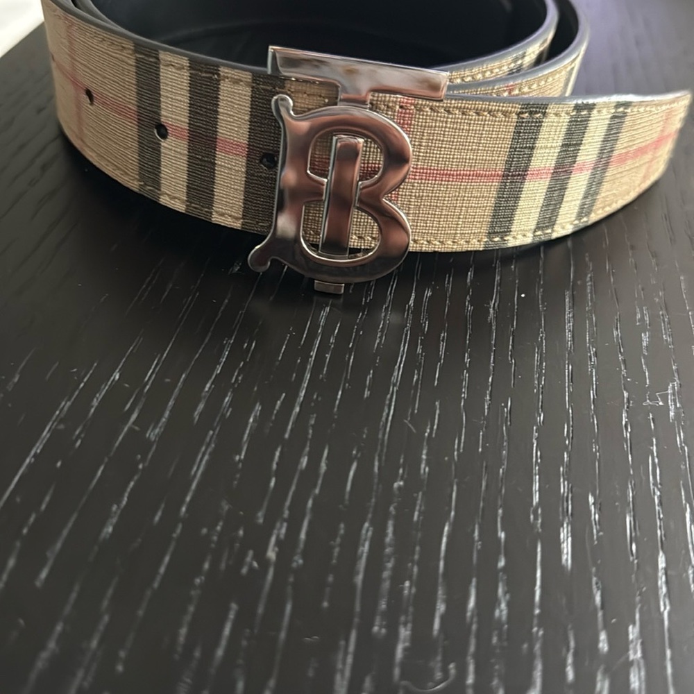Burberry Tan and Black Check Belt with Monogram Buckle